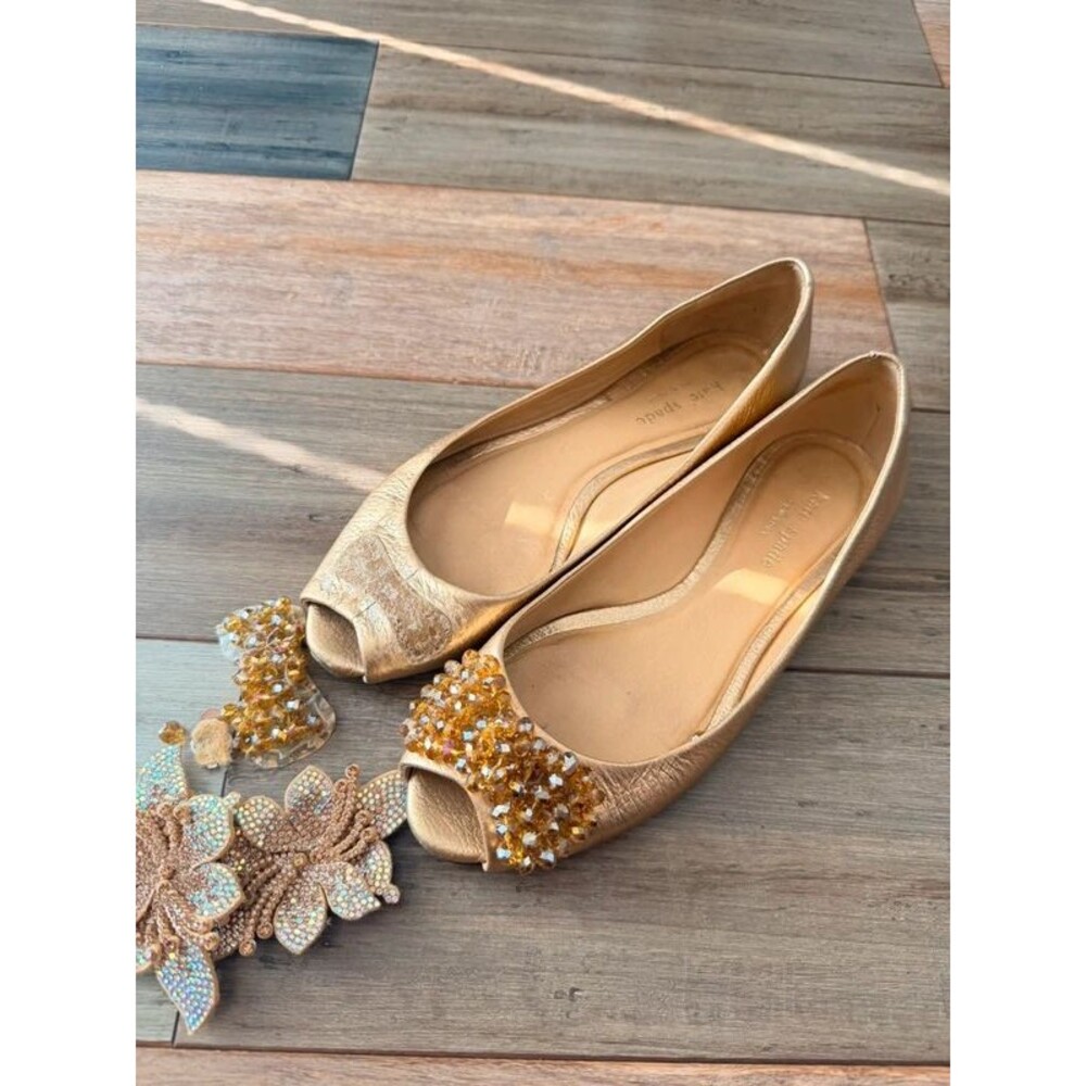Kate Spade New York gold leather peep toe flats, size 6.5